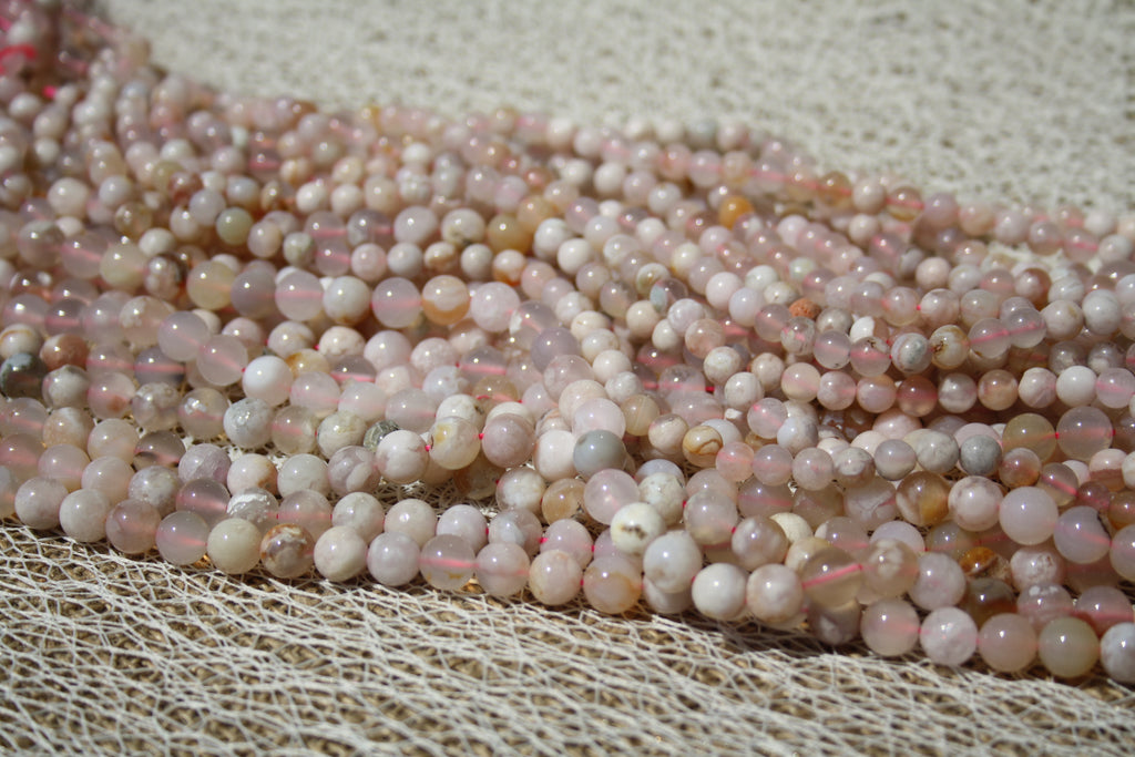 Agate Fleur de Cerisier– Lignes de Perles Rondes 6 mm et 8 mm