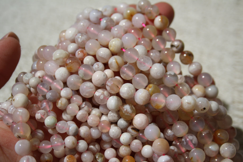 Agate Fleur de Cerisier– Lignes de Perles Rondes 6 mm et 8 mm